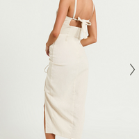 Showpo Griffin Midi Dress - Embroidered Tie Back Ruched Dress in Oatmeal