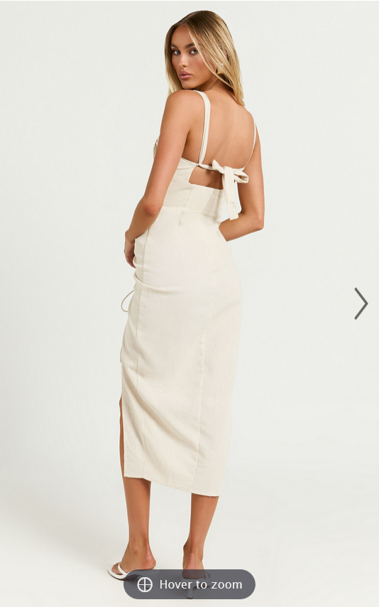 Showpo Griffin Midi Dress - Embroidered Tie Back Ruched Dress in Oatmeal