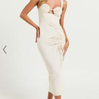 Showpo Griffin Midi Dress - Embroidered Tie Back Ruched Dress in Oatmeal