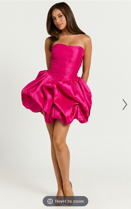 Showpo Deb Mini Dress - Ruched Strapless Bubble Hem Dress in Hot Pink