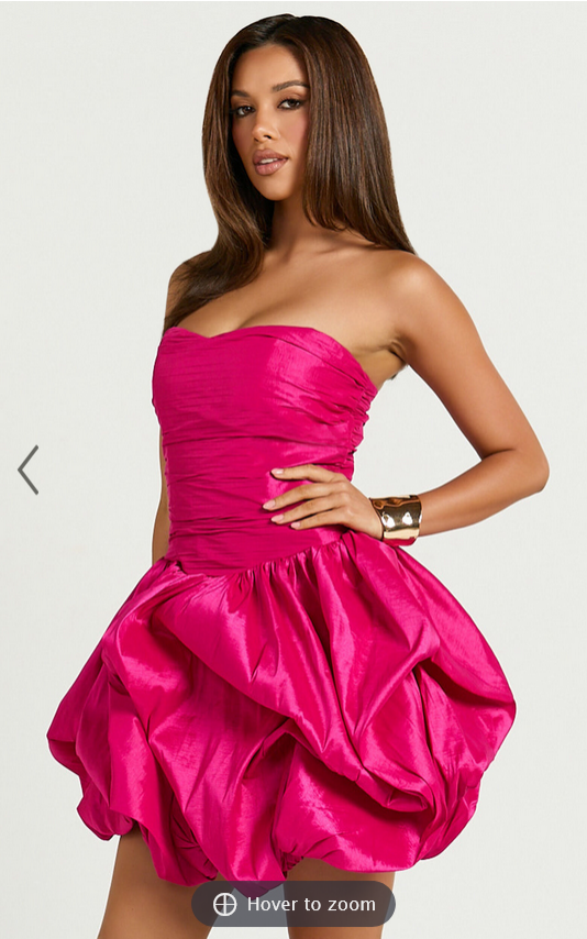 Showpo Deb Mini Dress - Ruched Strapless Bubble Hem Dress in Hot Pink