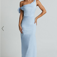 Showpo Cincinnati Midi Dress - Off The Shoulder Side Split Column Linen Look Dress in Pale Blue