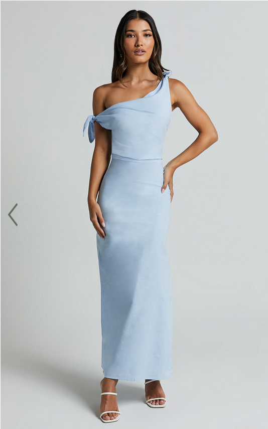 Showpo Cincinnati Midi Dress - Off The Shoulder Side Split Column Linen Look Dress in Pale Blue