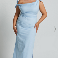 Showpo Cincinnati Midi Dress - Off The Shoulder Side Split Column Linen Look Dress in Pale Blue