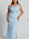 Showpo Cincinnati Midi Dress - Off The Shoulder Side Split Column Linen Look Dress in Pale Blue