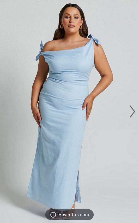 Showpo Cincinnati Midi Dress - Off The Shoulder Side Split Column Linen Look Dress in Pale Blue