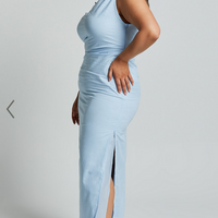 Showpo Cincinnati Midi Dress - Off The Shoulder Side Split Column Linen Look Dress in Pale Blue