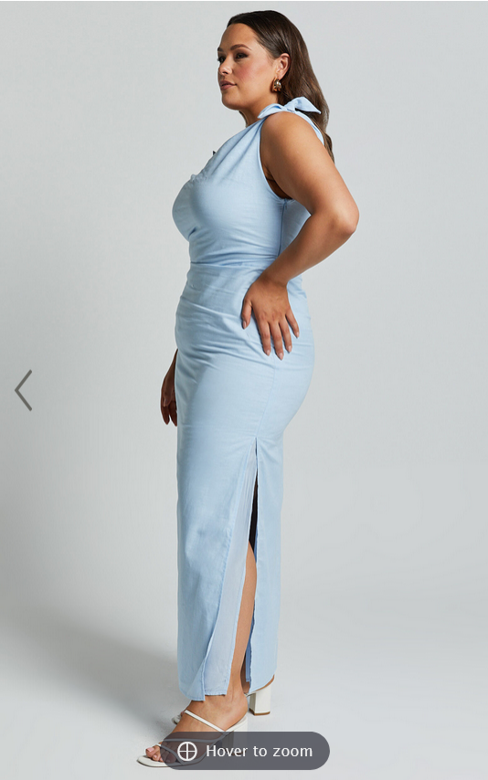 Showpo Cincinnati Midi Dress - Off The Shoulder Side Split Column Linen Look Dress in Pale Blue