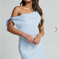 Showpo Cincinnati Midi Dress - Off The Shoulder Side Split Column Linen Look Dress in Pale Blue