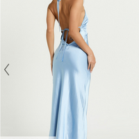 Showpo Adriene Maxi Dress - Satin Plunge Halter Dress in Dove Blue