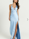 Showpo Adriene Maxi Dress - Satin Plunge Halter Dress in Dove Blue