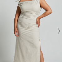 Showpo Cincinnati Midi Dress - Off The Shoulder Side Split Column Linen Look Dress in Beige