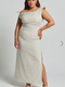 Showpo Cincinnati Midi Dress - Off The Shoulder Side Split Column Linen Look Dress in Beige