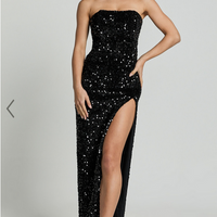 Showpo Ava Maxi Dress - Strapless High Split Sequin Dress in Black