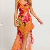 Showpo Theadore Maxi Dress - One Shoulder Asymmetric Hem Dress in Tropical Sunset