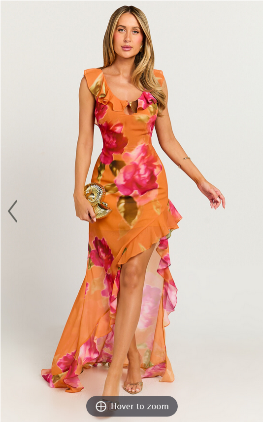 Showpo Theadore Maxi Dress - One Shoulder Asymmetric Hem Dress in Tropical Sunset