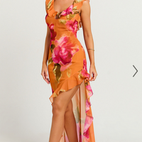 Showpo Theadore Maxi Dress - One Shoulder Asymmetric Hem Dress in Tropical Sunset