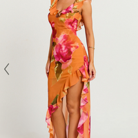 Showpo Theadore Maxi Dress - One Shoulder Asymmetric Hem Dress in Tropical Sunset