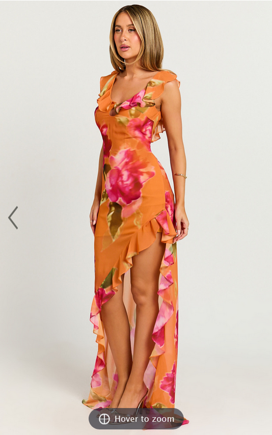 Showpo Theadore Maxi Dress - One Shoulder Asymmetric Hem Dress in Tropical Sunset