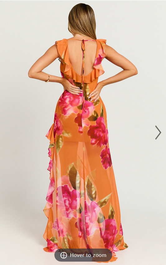 Showpo Theadore Maxi Dress - One Shoulder Asymmetric Hem Dress in Tropical Sunset