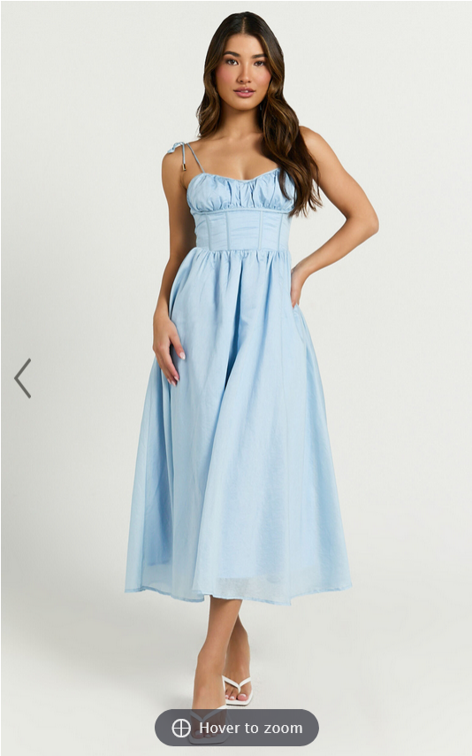 Showpo Dolores Midi Dress - Strappy Ruched Bust Corset Waist Dress in Blue