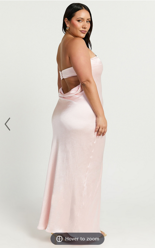 Showpo Charlita Maxi Dress - Strapless Cowl Back Satin Dress in Pale Pink