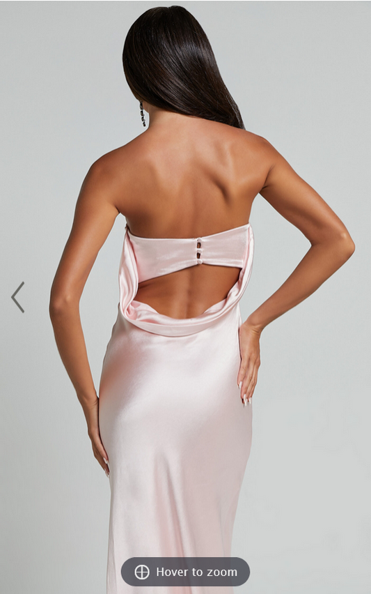 Showpo Charlita Maxi Dress - Strapless Cowl Back Satin Dress in Pale Pink