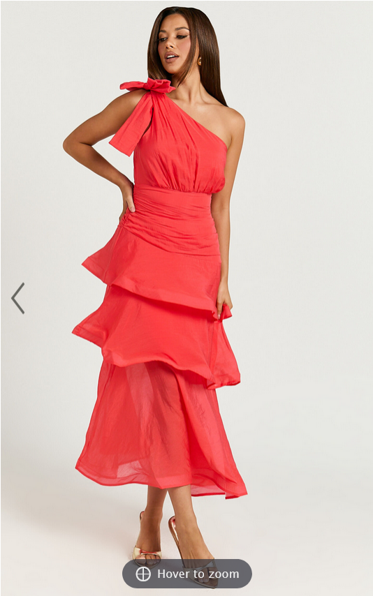 Showpo Eugenia Midi Dress - One Shoulder Fit and Flare Layered Dress in Red