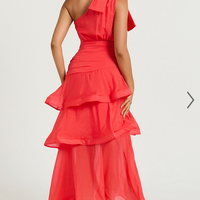 Showpo Eugenia Midi Dress - One Shoulder Fit and Flare Layered Dress in Red