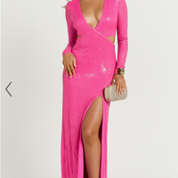 Showpo Nerissa Maxi Dress - Sequin Plunge Cut Out Thigh Split Dress in Hot Pink