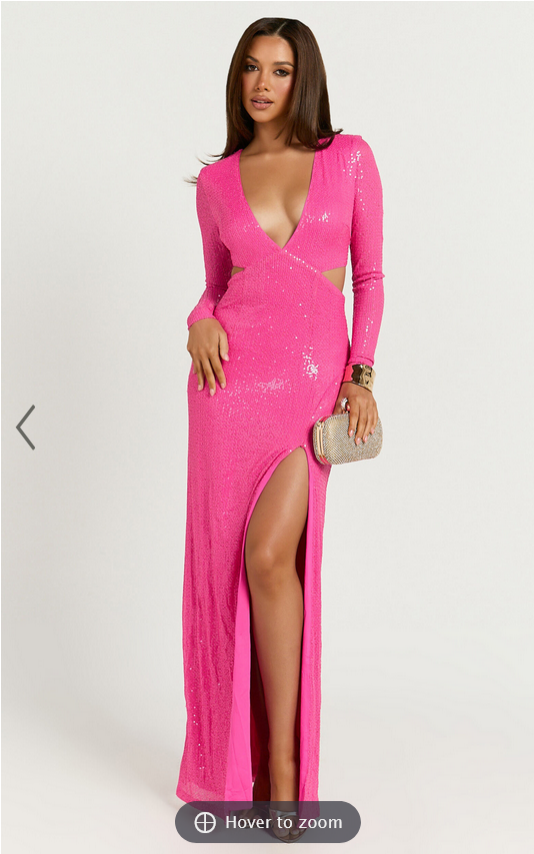 Showpo Nerissa Maxi Dress - Sequin Plunge Cut Out Thigh Split Dress in Hot Pink