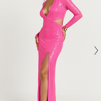 Showpo Nerissa Maxi Dress - Sequin Plunge Cut Out Thigh Split Dress in Hot Pink