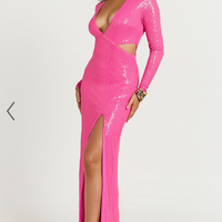 Showpo Nerissa Maxi Dress - Sequin Plunge Cut Out Thigh Split Dress in Hot Pink