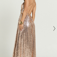 Showpo Harvey Maxi Dress - Sequin Plunge Front High Split Dress in Rose Gold