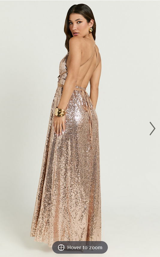 Showpo Harvey Maxi Dress - Sequin Plunge Front High Split Dress in Rose Gold