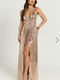 Showpo Harvey Maxi Dress - Sequin Plunge Front High Split Dress in Rose Gold