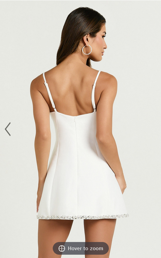 Showpo Violetta Mini Dress - Diamante Trim Plunge Front Dress in Off White