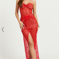 Showpo Yuna Midi Dress - Halter Twist Detail Drape Lace Dress in Red Orange