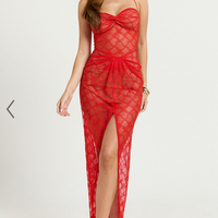 Showpo Yuna Midi Dress - Halter Twist Detail Drape Lace Dress in Red Orange