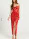 Showpo Yuna Midi Dress - Halter Twist Detail Drape Lace Dress in Red Orange