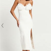 Showpo Benji Midi Dress - Ruffle Bodice Fitted Side Split Dress in Off White