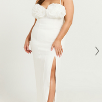 Showpo Benji Midi Dress - Ruffle Bodice Fitted Side Split Dress in Off White