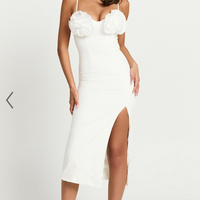 Showpo Benji Midi Dress - Ruffle Bodice Fitted Side Split Dress in Off White