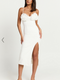 Showpo Benji Midi Dress - Ruffle Bodice Fitted Side Split Dress in Off White