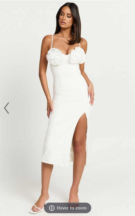 Showpo Benji Midi Dress - Ruffle Bodice Fitted Side Split Dress in Off White