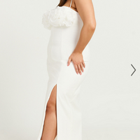 Showpo Benji Midi Dress - Ruffle Bodice Fitted Side Split Dress in Off White