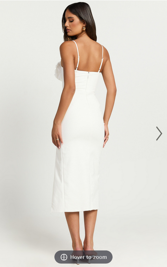 Showpo Benji Midi Dress - Ruffle Bodice Fitted Side Split Dress in Off White