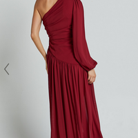 Showpo Grittah Midi Dress - One Shoulder Bishop Sleeve High Split Ruched Dress