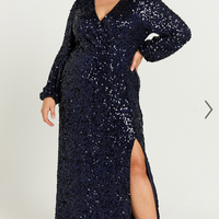 Showpo Mariella Midi Dress - Sequin Long Sleeve Thigh Split Dress in Navy