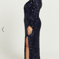 Showpo Mariella Midi Dress - Sequin Long Sleeve Thigh Split Dress in Navy